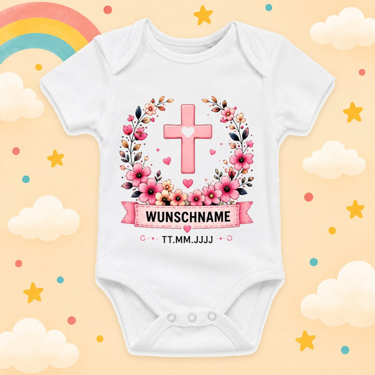 Personalisierter Babybody Taufe Mädchen mit Name & Datum – Taufbody Kurzarm – Geschenk zur Taufe – Taufgeschenk Baby – verschiedene Taufmotive mit Wunschname, Kreuz Kranz