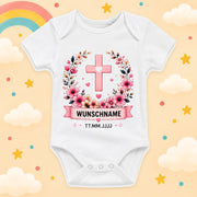 Personalisierter Babybody Taufe Mädchen mit Name & Datum – Taufbody Kurzarm – Geschenk zur Taufe – Taufgeschenk Baby – verschiedene Taufmotive mit Wunschname, Kreuz Kranz