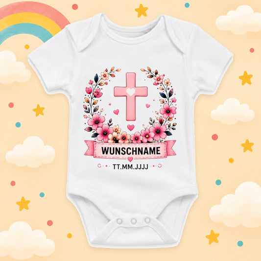 Personalisierter Babybody Taufe Mädchen mit Name & Datum – Taufbody Kurzarm – Geschenk zur Taufe – Taufgeschenk Baby – verschiedene Taufmotive mit Wunschname, Kreuz Kranz