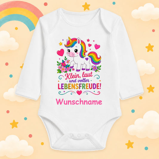 Personalisierter Babybody Langarm mit Wunschname – Klein, laut und voller Lebensfreude – Einhorn Regenbogen Baby Body Mädchen – Geschenk zur Geburt & Babyparty