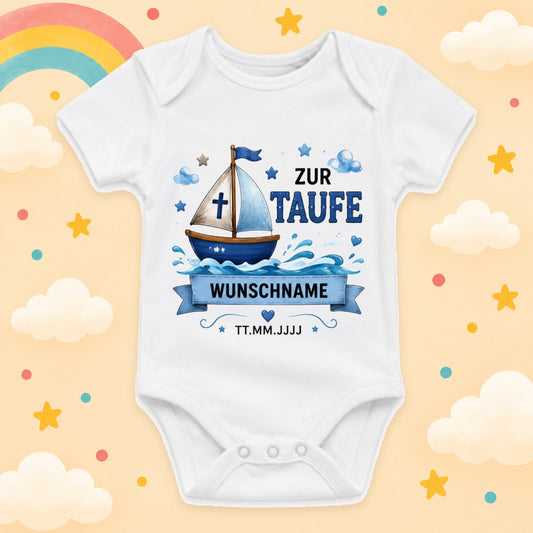 Personalisierter Baby Body Taufe mit Name & Datum – Taufbody Junge Geschenk zur Taufe – Babybody mit Wunschname Taufgeschenk, Schiff