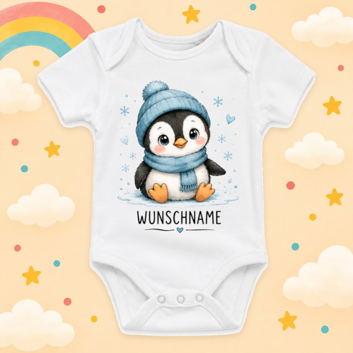 Babybody Motiv Pinguin personalisiert mit Wunschname unisex Individuell bedruckt kurzarm Baumwolle weiß süßes Tiermotiv Geschenk zur Geburt, Taufe & Babyparty