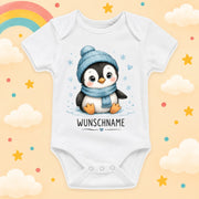 Babybody Motiv Pinguin personalisiert mit Wunschname unisex Individuell bedruckt kurzarm Baumwolle weiß süßes Tiermotiv Geschenk zur Geburt, Taufe & Babyparty