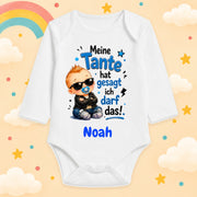 Babybody Personalisiert Junge Motiv & Spruch Meine Tante hat gesagt ich darf das Individuell bedruckt mit Wunschname Baumwolle weiß langarm Geschenk zur Geburt, Taufe & Babyparty