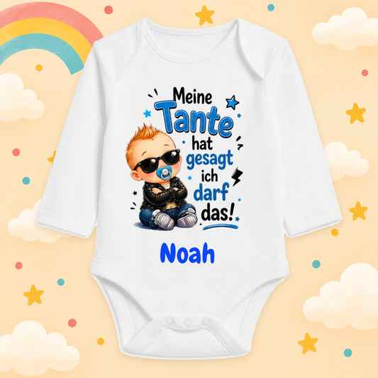 Babybody Personalisiert Junge Motiv & Spruch Meine Tante hat gesagt ich darf das Individuell bedruckt mit Wunschname Baumwolle weiß langarm Geschenk zur Geburt, Taufe & Babyparty