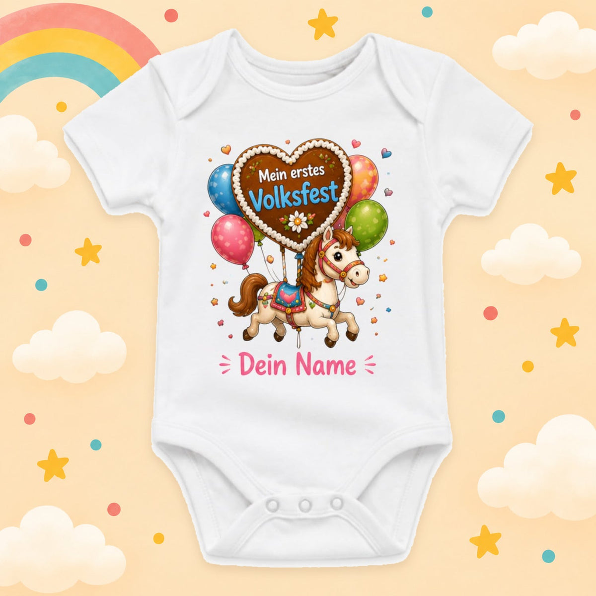 Babybody Volksfest Personalisiert mit Wunschname – Weißer Kurzarm Baby Body aus Baumwolle Riesenrad, Karussell & Kirmes Motive Baby Geschenk Geburt Junge Mädchen, Mein erstes Volksfest