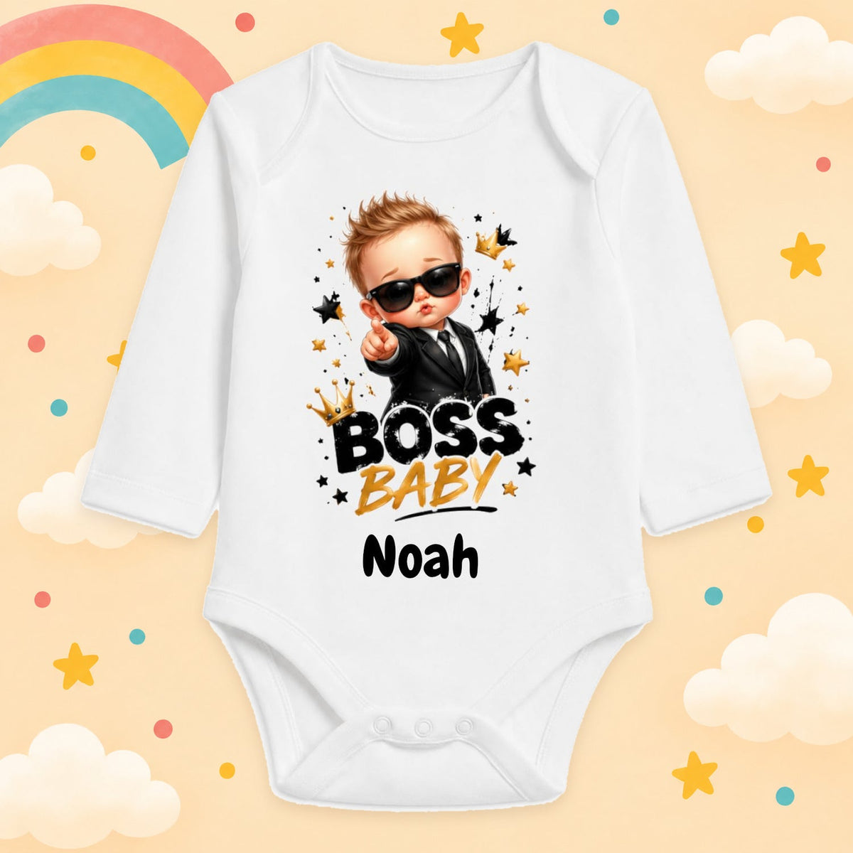 Babybody Personalisiert Junge Motiv & Spruch Boss Baby Individuell bedruckt mit Wunschname Baumwolle weiß langarm Geschenk zur Geburt, Taufe & Babyparty