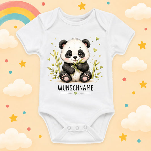 Babybody Motiv Panda personalisiert mit Wunschname unisex Individuell bedruckt kurzarm Baumwolle weiß süßes Tiermotiv Geschenk zur Geburt, Taufe & Babyparty