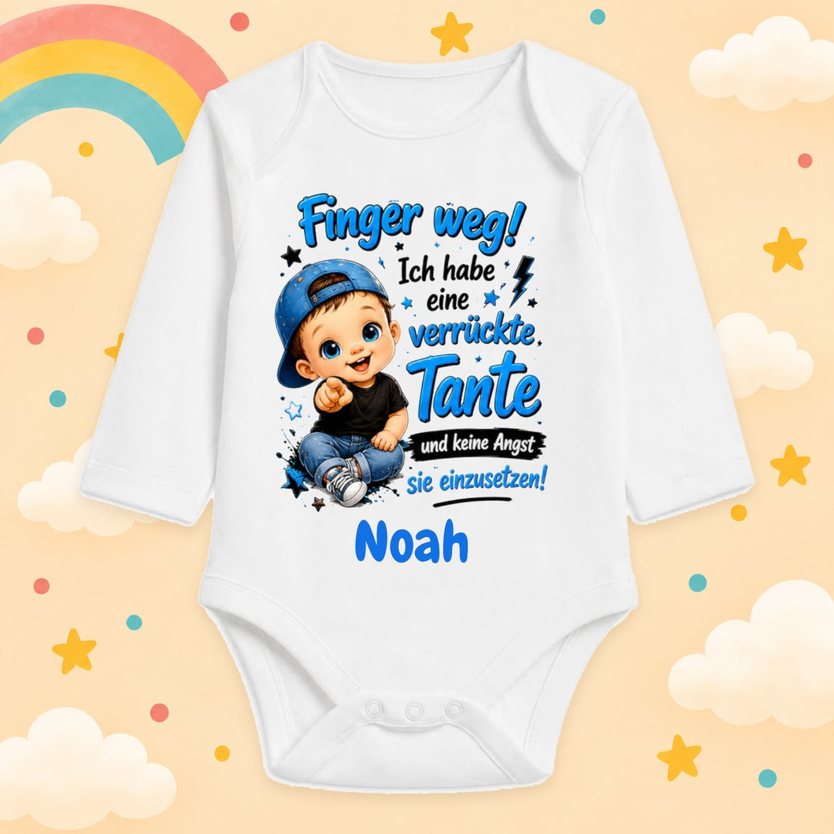 Babybody Personalisiert Junge Motiv & Spruch Finger weg ich habe eine verrückte Tante Individuell bedruckt mit Wunschname Baumwolle weiß langarm Geschenk zur Geburt, Taufe & Babyparty