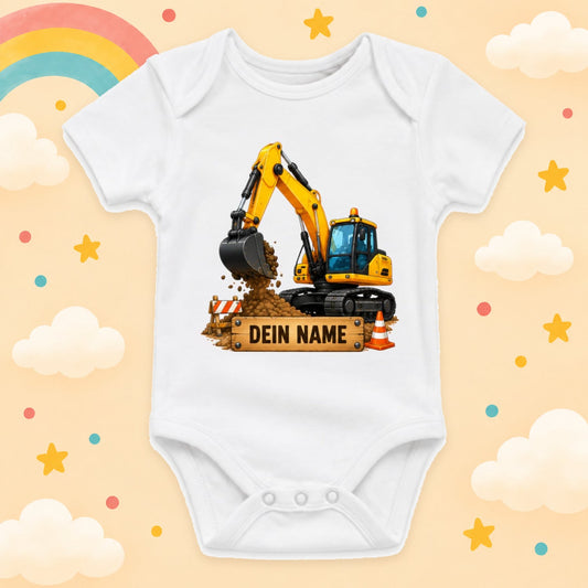 Babybody Baustelle Personalisiert mit Wunschname – Weißer Kurzarm Baby Body aus Baumwolle – Baby Geschenk Geburt Junge Mädchen, Bagger