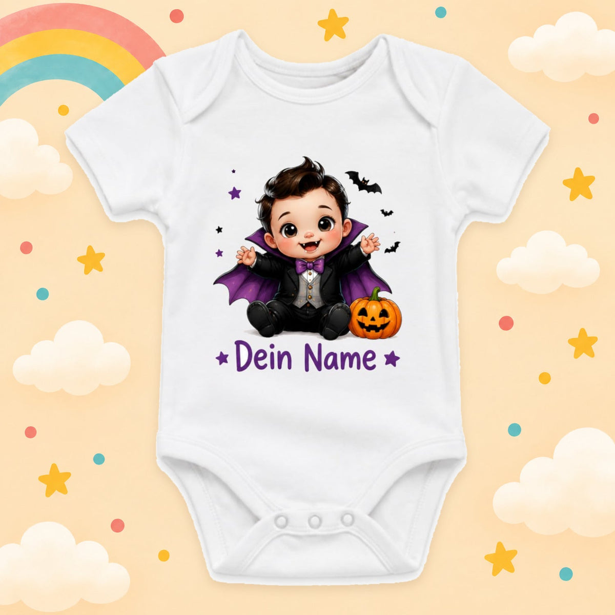 Baby Body Halloween Personalisiert mit Wunschname Weißer Kurzarm Body aus Baumwolle Süße Halloween Motive Geschenk Jungen Mädchen Neugeborene Geburt Taufe, Vampir