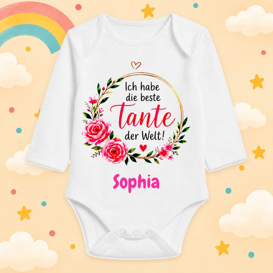 Babybody Mädchen personalisiert mit Wunschname Blumen Motiv & Spruch Ich habe die beste Tante der Welt Individuell bedruckt langarm Baumwolle weiß Geschenk zur Geburt, Taufe & Babyparty