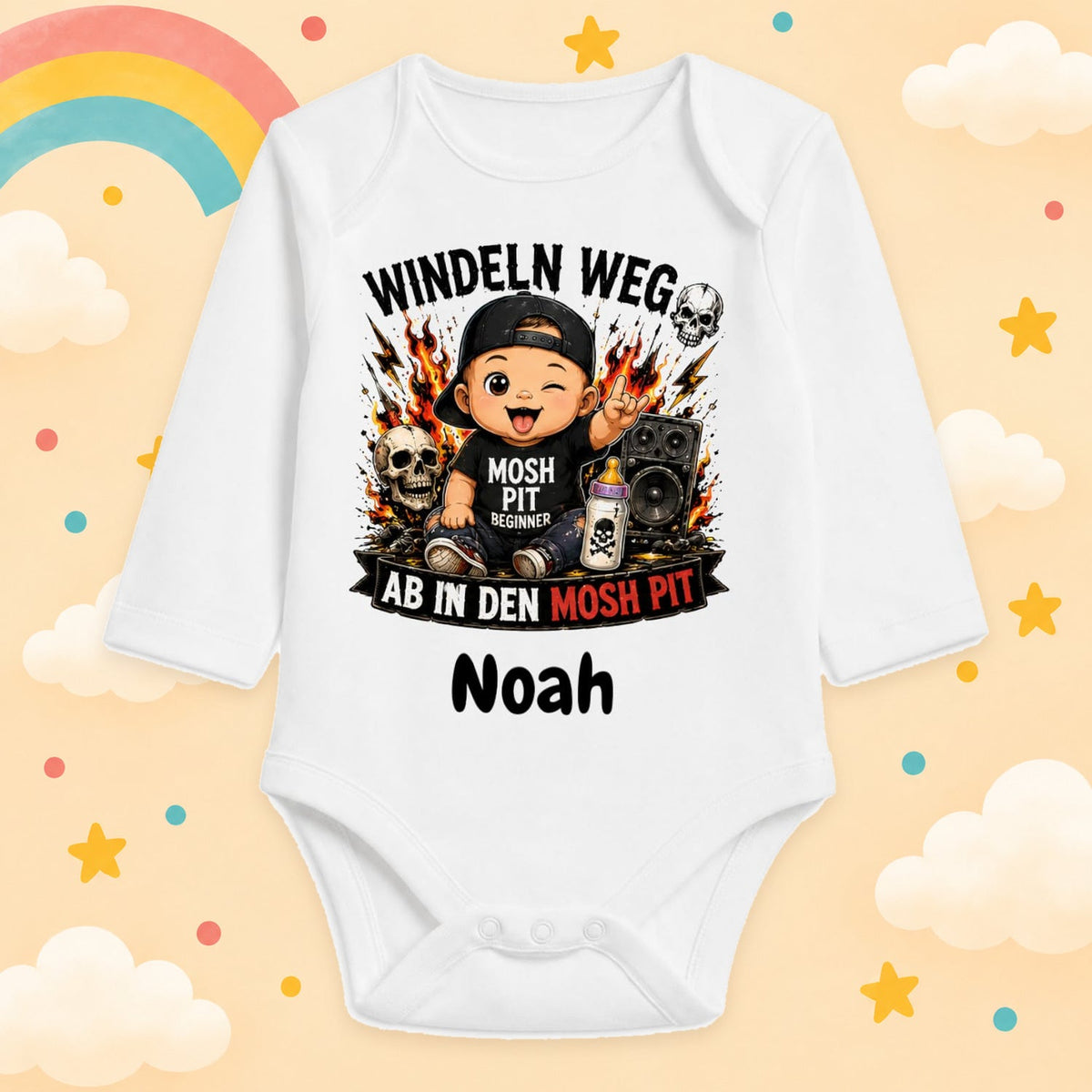 Personalisierter Babybody Langarm mit Name Rock & Metal Baby Body mit Wunschname Lustige Rocker Motive für Jungen & Mädchen Geschenk zur Geburt, Windeln weg