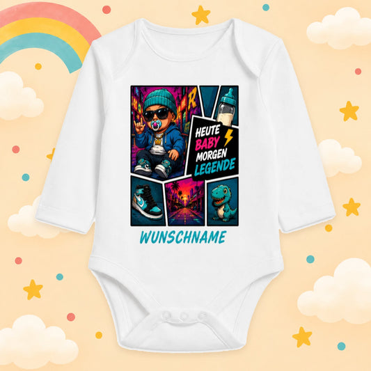 Babybody Personalisierter Gaming & Videospiel Zocker Motiv Langarm mit Wunschname Neon Großstadt Gamer Baby Outfit Baumwolle Weiß Geschenk Taufe Geburt, Heute Baby morgen Legende