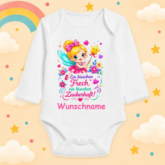 Babybody Mädchen personalisiert mit Name – Ein bisschen frech, ein bisschen zauberhaft – Langarm Body mit Fee – Geschenk zur Geburt Babyparty Wunschname