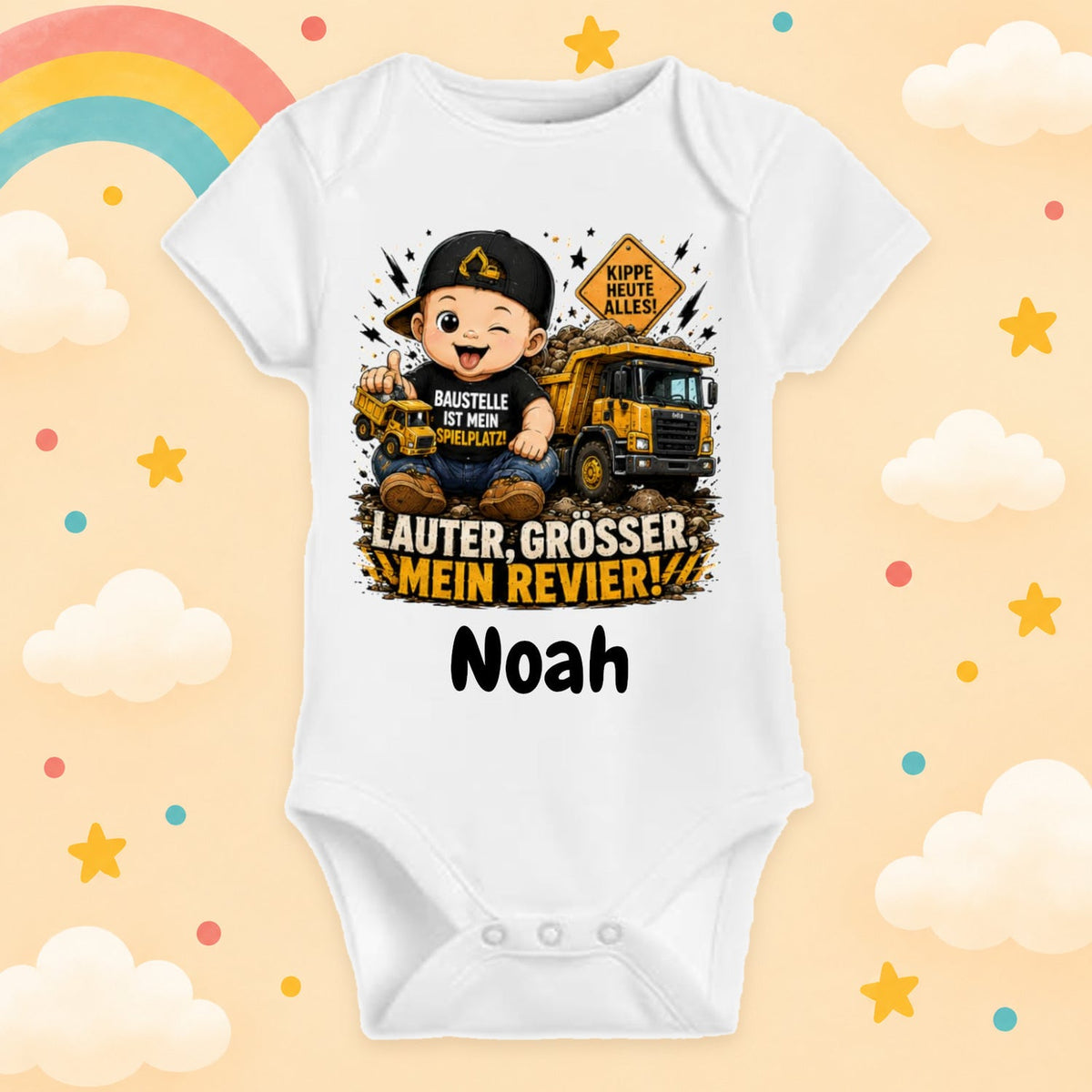 Babybody personalisiert Baustelle mit Wunschname Lauter größer Mein Revier Weißer Kurzarm Baby Body aus Baumwolle mit Kipper Motiv Geschenk zur Geburt, Babyparty, Taufe