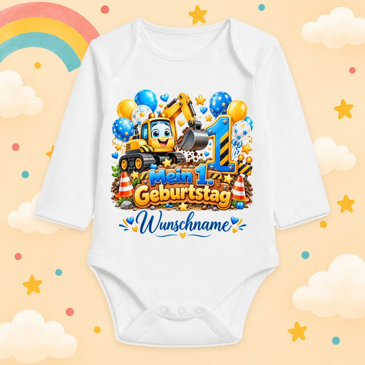 Baby Body 1. Geburtstag personalisiert mit Name - Langarmbody Jungen aus Baumwolle - Geschenk zum ersten Lebensjahr, Baustelle