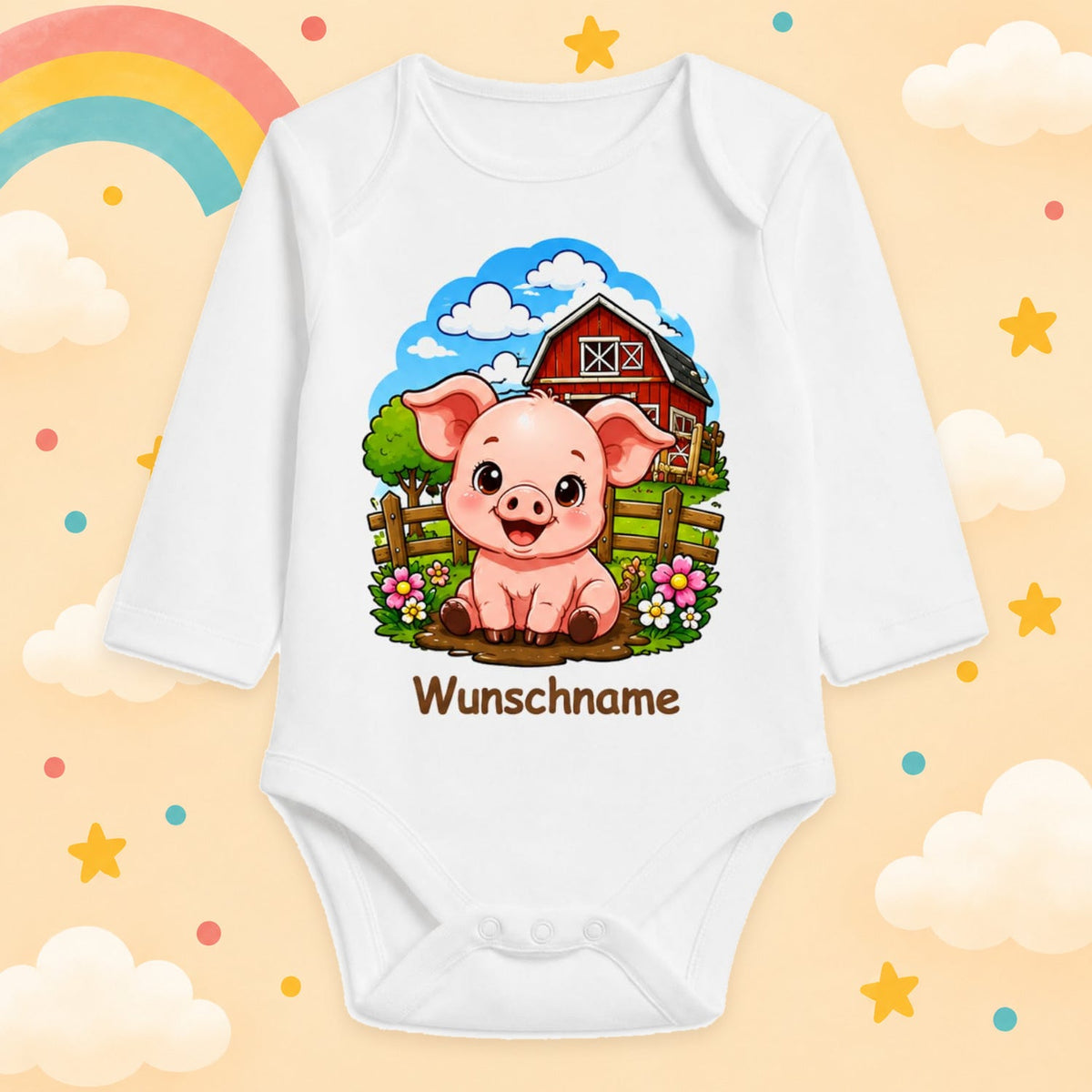 Babybody Bauernhof personalisiert mit Name – Langarm Baby Body mit Wunschname Geschenk zur Geburt für Jungen & Mädchen, Schwein