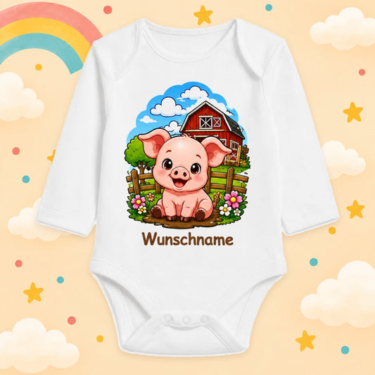 Babybody Bauernhof personalisiert mit Name – Langarm Baby Body mit Wunschname Geschenk zur Geburt für Jungen & Mädchen, Schwein