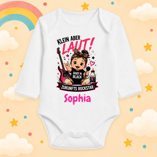 Babybody Mädchen personalisiert mit Name Langarm Rock & Metal Baby Body mit Wunschname Rocker Baby Geschenk zur Geburt, Klein aber laut