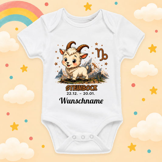 Babybody Sternzeichen Personalisiert mit Wunschname Weißer Kurzarm Baby Body aus Baumwolle – Geschenk zur Geburt, Taufe, Babyparty unisex für Jungen & Mädchen, Steinbock