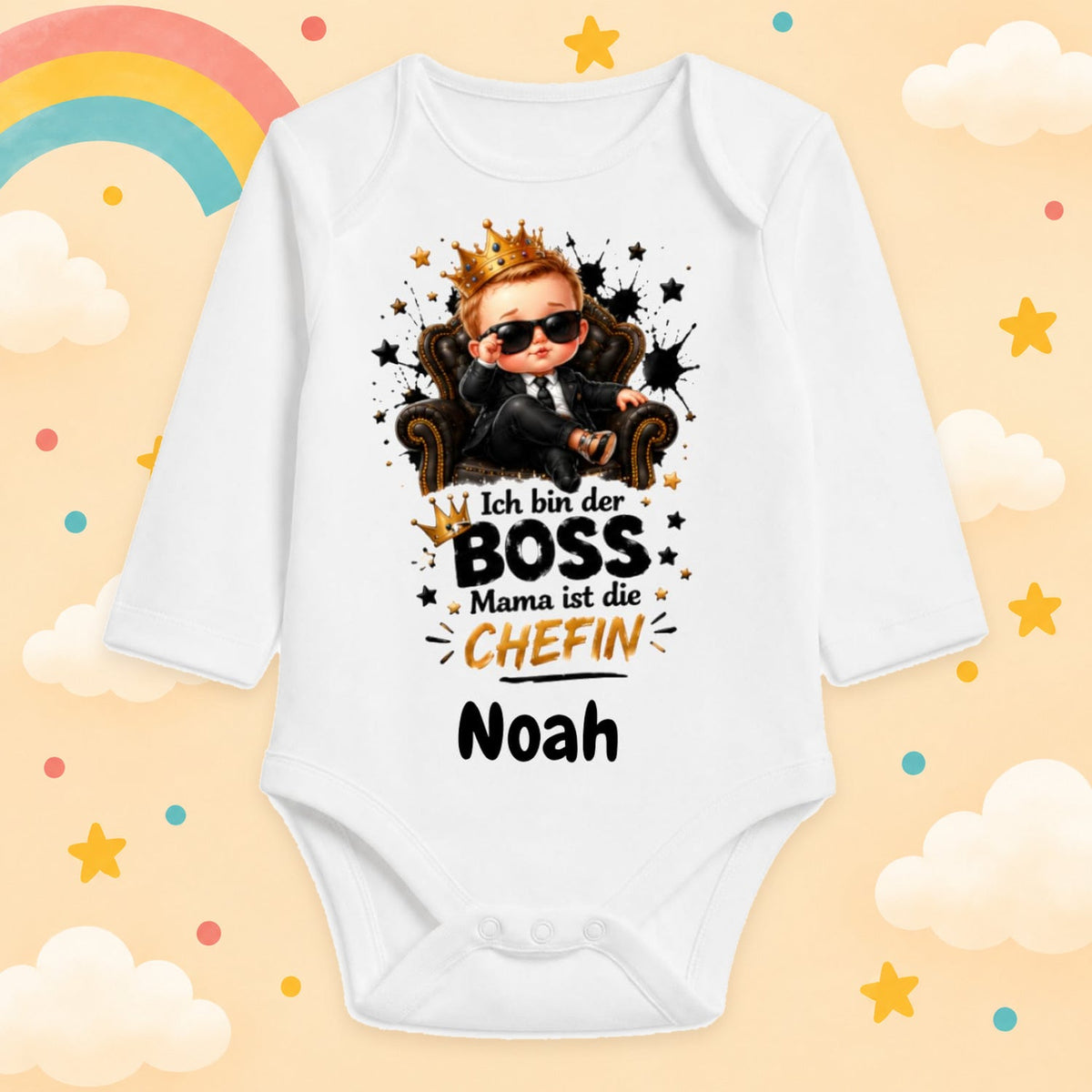 Babybody Personalisiert Junge Motiv & Spruch Ich bin der Boss Mama ist die Chefin Individuell bedruckt mit Wunschname Baumwolle weiß langarm Geschenk zur Geburt, Taufe & Babyparty