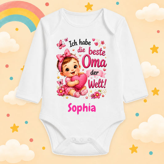 Babybody Mädchen personalisiert mit Wunschname Motiv & Spruch Ich habe die beste Oma der Welt Individuell bedruckt langarm Baumwolle weiß Geschenk zur Geburt, Taufe & Babyparty
