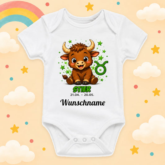 Babybody Sternzeichen Personalisiert mit Wunschname Weißer Kurzarm Baby Body aus Baumwolle – Geschenk zur Geburt, Taufe, Babyparty unisex für Jungen & Mädchen, Stier