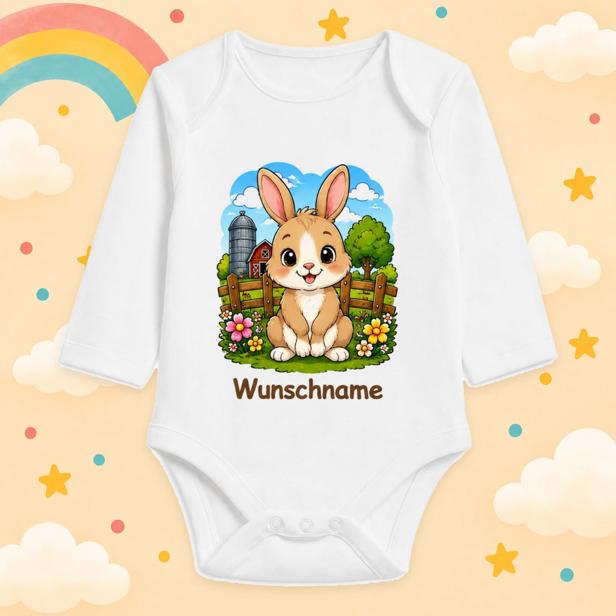 Babybody Bauernhof personalisiert mit Name – Langarm Baby Body mit Wunschname Geschenk zur Geburt für Jungen & Mädchen, Hase