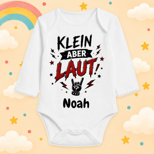 Babybody Langarm personalisiert mit Name Rocker Baby Body mit Rock & Metal Motiv Lustiger Spruch Geschenk für Jungen & Mädchen, Klein aber laut
