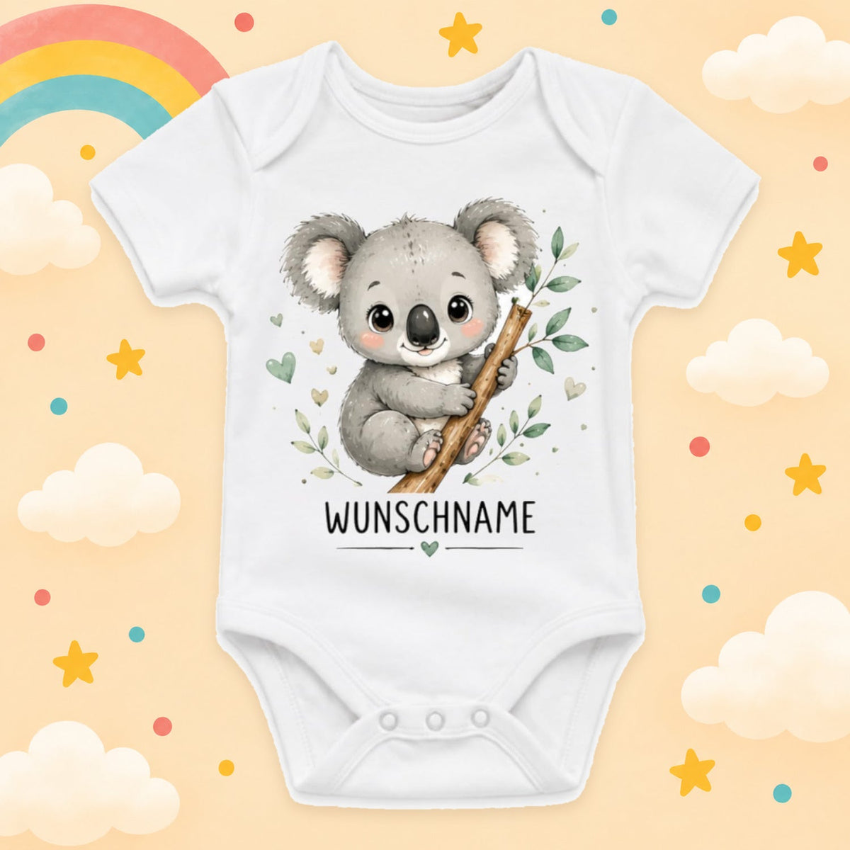 Babybody Motiv Koala personalisiert mit Wunschname unisex Individuell bedruckt kurzarm Baumwolle weiß süßes Tiermotiv Geschenk zur Geburt, Taufe & Babyparty