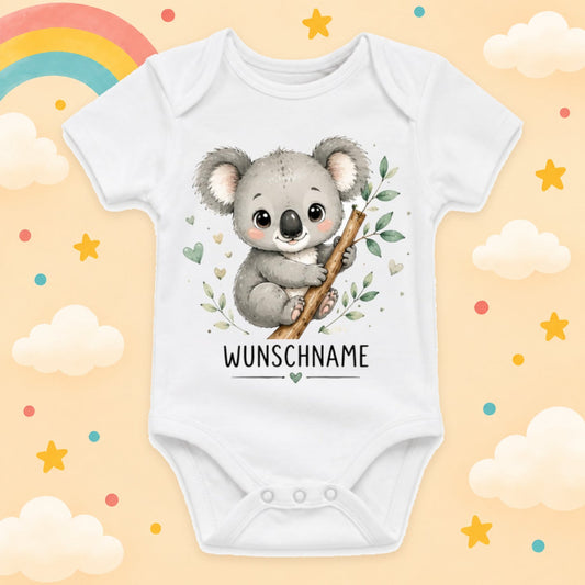 Babybody Motiv Koala personalisiert mit Wunschname unisex Individuell bedruckt kurzarm Baumwolle weiß süßes Tiermotiv Geschenk zur Geburt, Taufe & Babyparty