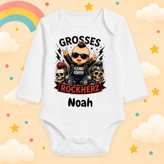Personalisierter Babybody Langarm mit Name Rock & Metal Baby Body mit Wunschname Lustige Rocker Motive für Jungen & Mädchen Geschenk zur Geburt, Großes Rockherz