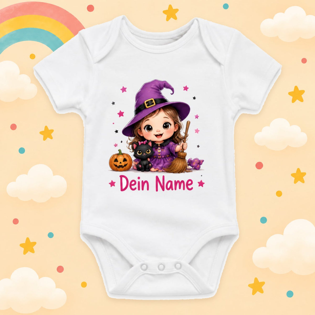 Baby Body Halloween Personalisiert mit Wunschname Weißer Kurzarm Body aus Baumwolle Süße Halloween Motive Geschenk Jungen Mädchen Neugeborene Geburt Taufe, Hexe