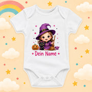 Baby Body Halloween Personalisiert mit Wunschname Weißer Kurzarm Body aus Baumwolle Süße Halloween Motive Geschenk Jungen Mädchen Neugeborene Geburt Taufe, Hexe