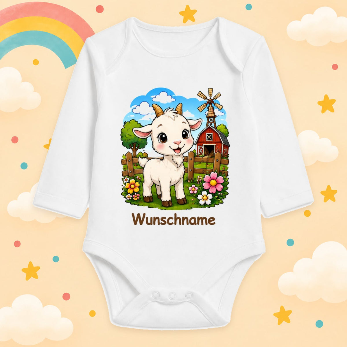 Babybody Bauernhof personalisiert mit Name – Langarm Baby Body mit Wunschname Geschenk zur Geburt für Jungen & Mädchen, Ziege