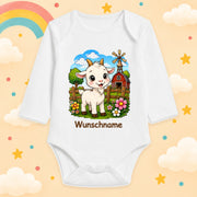 Babybody Bauernhof personalisiert mit Name – Langarm Baby Body mit Wunschname Geschenk zur Geburt für Jungen & Mädchen, Ziege