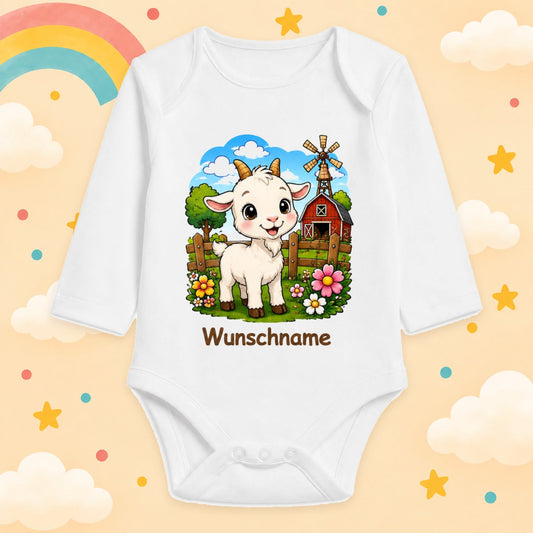 Babybody Bauernhof personalisiert mit Name – Langarm Baby Body mit Wunschname Geschenk zur Geburt für Jungen & Mädchen, Ziege