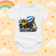 Babybody Baustelle Personalisiert mit Wunschname – Weißer Kurzarm Baby Body aus Baumwolle – Baby Geschenk Geburt Junge Mädchen, Betonmischer