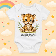 Babybody Motiv Tiger personalisiert mit Wunschname unisex Individuell bedruckt kurzarm Baumwolle weiß süßes Tiermotiv Geschenk zur Geburt, Taufe & Babyparty
