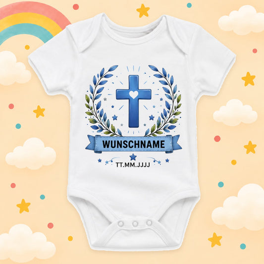 Personalisierter Baby Body Taufe mit Name & Datum – Taufbody Junge Geschenk zur Taufe – Babybody mit Wunschname Taufgeschenk, Kreuz Kranz
