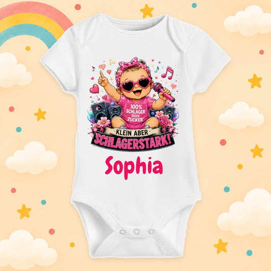 Babybody Personalisiert Schlager Mädchen Motiv & Spruch Klein aber Schlagerstark Individuell bedruckt mit Wunschname Baumwolle Geschenk zur Geburt, Taufe & Babyparty