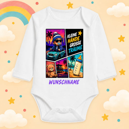 Babybody Personalisierter Gaming & Videospiel Zocker Motiv Langarm mit Wunschname Neon Großstadt Gamer Baby Outfit Baumwolle Weiß Geschenk Taufe Geburt, Kleine Hände große Träume