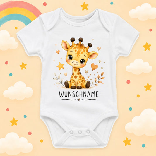 Babybody Motiv Giraffe personalisiert mit Wunschname unisex Individuell bedruckt kurzarm Baumwolle weiß süßes Tiermotiv Geschenk zur Geburt, Taufe & Babyparty