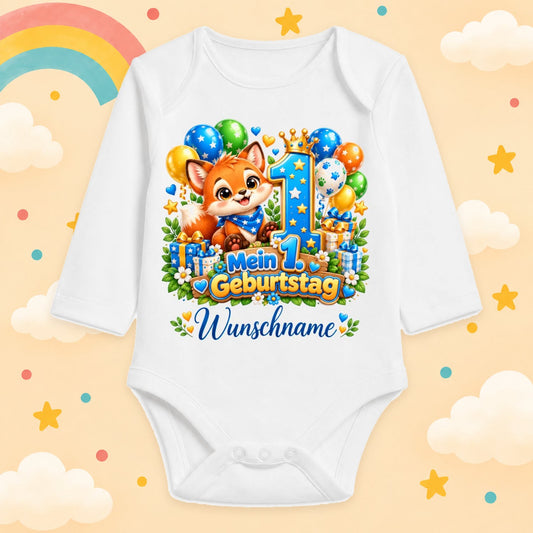 Baby Body 1. Geburtstag personalisiert mit Name - Langarmbody Jungen aus Baumwolle - Geschenk zum ersten Lebensjahr, Fuchs