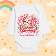 Baby Body Mädchen 1. Geburtstag personalisiert mit Name – Langarmbody Baumwolle – Geburtstagsbody Wunschname – verschiedene Größen, Hase