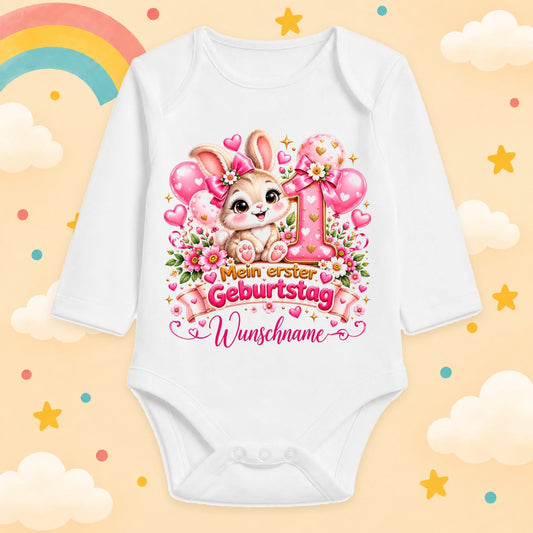 Baby Body Mädchen 1. Geburtstag personalisiert mit Name – Langarmbody Baumwolle – Geburtstagsbody Wunschname – verschiedene Größen, Hase