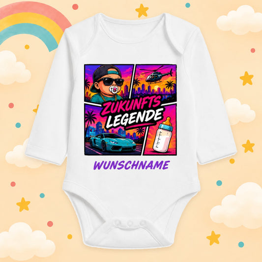 Personalisierter Babybody Langarm Gaming & Videospiel Zocker Motiv mit Wunschname Neon Großstadt Gamer Baby Outfit Baumwolle Weiß Geschenk Taufe Geburt, Zukunftslegende