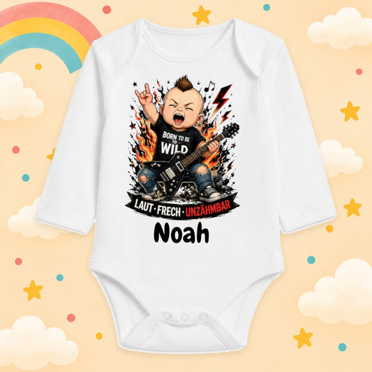 Personalisierter Babybody Langarm mit Name Rock & Metal Baby Body mit Wunschname Lustige Rocker Motive für Jungen & Mädchen Geschenk zur Geburt, Laut frech unzähmbar