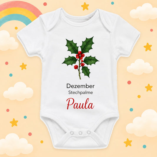 Personalisierter Babybody Geburtsblume mit Wunschname Weißer Kurzarm Baby Body aus Baumwolle – Geschenk zur Geburt, Taufe, Babyparty für Jungen & Mädchen, Dezember